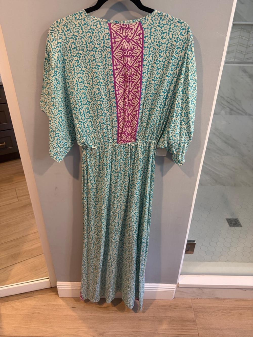 Floral Teal Maxi Dress with Pink Trim and Tie Waist - Picture 9 of 9